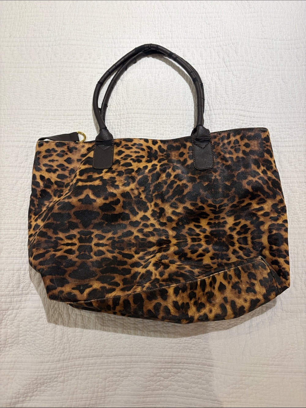 Leopard Print Tote Bag with Dark Brown Handles - Picture 3 of 4
